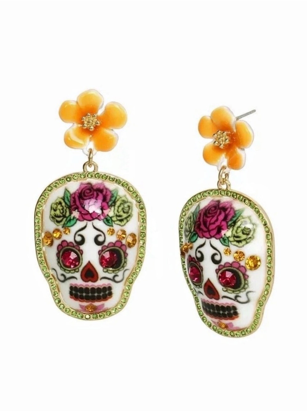 Betsey Johnson Sugar Skull Flower Drop Earrings White & Orange
